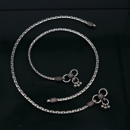 Pair of 10.5-inch handmade sterling silver anklets with lightweight chain design, trendy foot jewelry from TRIBAL ORNAMENTS.