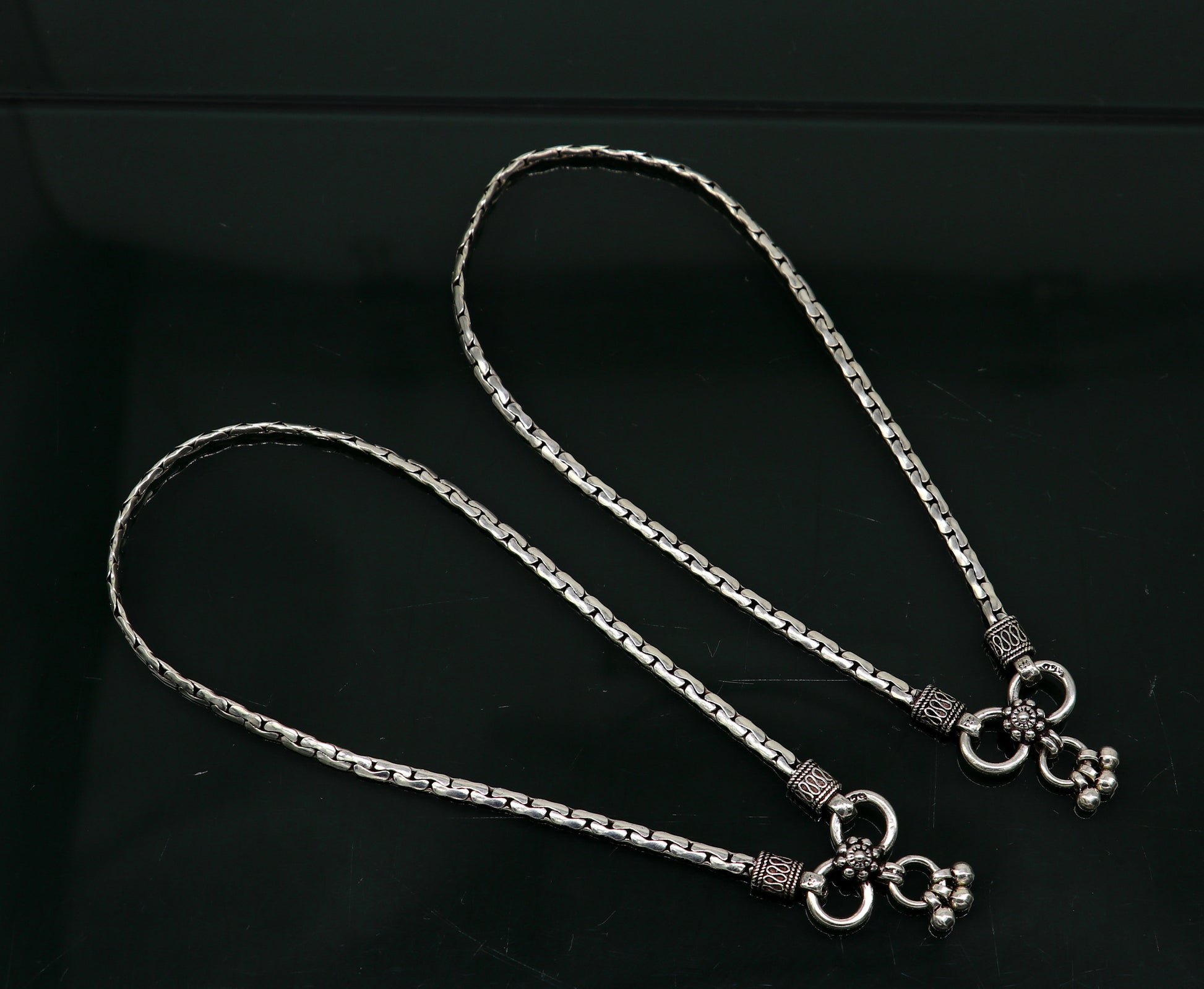 10.5" pure 925 sterling silver handmade solid gorgeous light weight chain anklets pair, trendy foot bracelet jewelry gift to her ank336 - TRIBAL ORNAMENTS