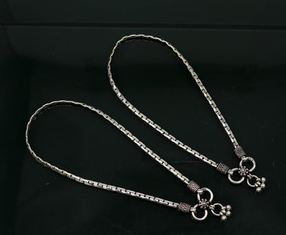 Pair of 10.5-inch handmade sterling silver anklets with delicate chain design, lightweight foot jewelry from TRIBAL ORNAMENTS.