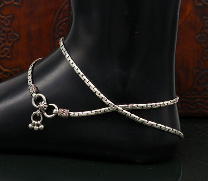 Pair of 10.5-inch handmade sterling silver anklets with lightweight, intricate chain design, perfect trendy foot jewelry gift.