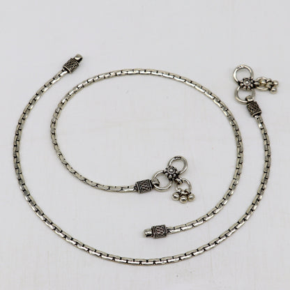 Pair of 10.5-inch handmade sterling silver anklets with delicate chain design, lightweight trendy foot jewelry by TRIBAL ORNAMENTS