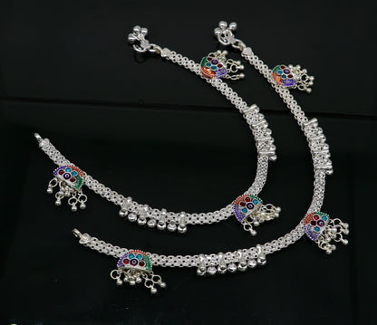 Sterling silver ankle bracelet with custom tribal design, vintage style foot anklet, ideal for brides and belly dance jewelry.
