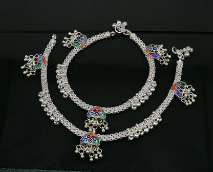 Sterling silver ankle bracelet with custom tribal design, vintage style foot jewelry for brides and belly dance attire.