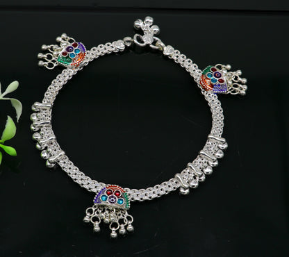 Sterling silver 10.5-inch ankle bracelet with customized tribal design, vintage style, perfect for brides and belly dance accessories.