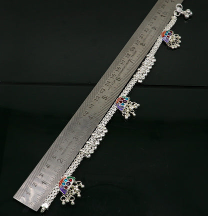 Sterling silver 10.5-inch custom-designed tribal anklet with vintage style, perfect for brides and belly dance jewelry.
