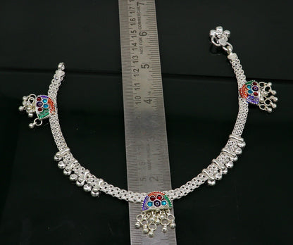 Sterling silver 10.5-inch customized ankle bracelet with tribal, vintage, and belly dance-inspired design, perfect for brides and stylish wear