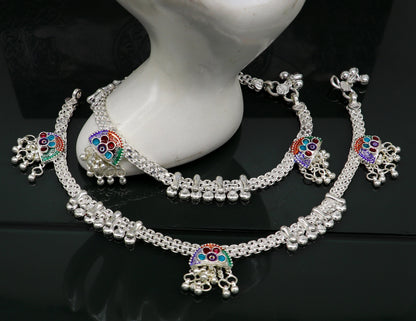 Sterling silver 10.5-inch customizable ankle bracelet with tribal and vintage design, perfect for brides and belly dance jewelry.