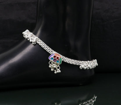 Sterling silver 10.5-inch tribal ankle bracelet with customized vintage design, styled for brides and belly dance jewelry.