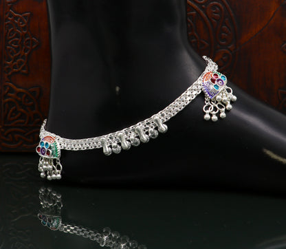Sterling silver 10.5-inch tribal ankle bracelet with custom design, vintage style, perfect for brides and belly dance jewelry.