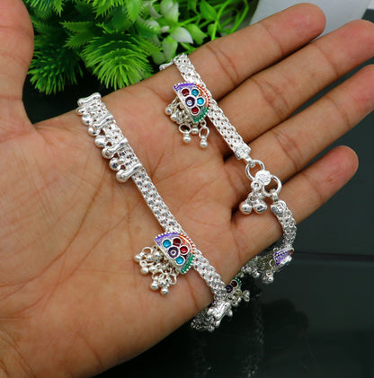 Sterling silver ankle bracelet with customized tribal design, vintage style foot jewelry for brides and belly dance accessories.