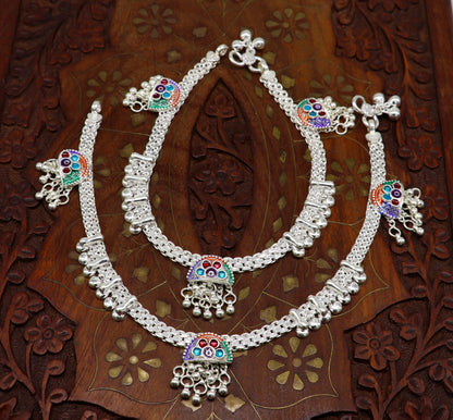 Sterling silver 10.5-inch custom-designed ankle bracelet with vintage tribal and belly dance-inspired jewelry details.