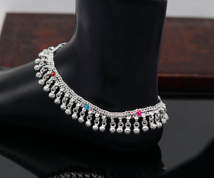 Sterling silver double chain anklet bracelet with jingling charms, designed for belly dance and Indian foot jewelry, by TRIBAL ORNAMENTS.