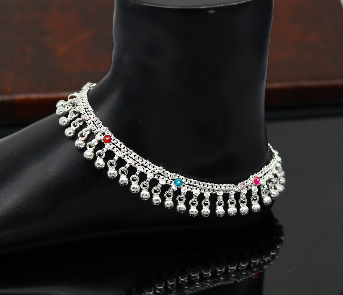 Sterling silver double chain anklet bracelet with jingling charms, designed for feet and ankle jewelry, tribal style from India.