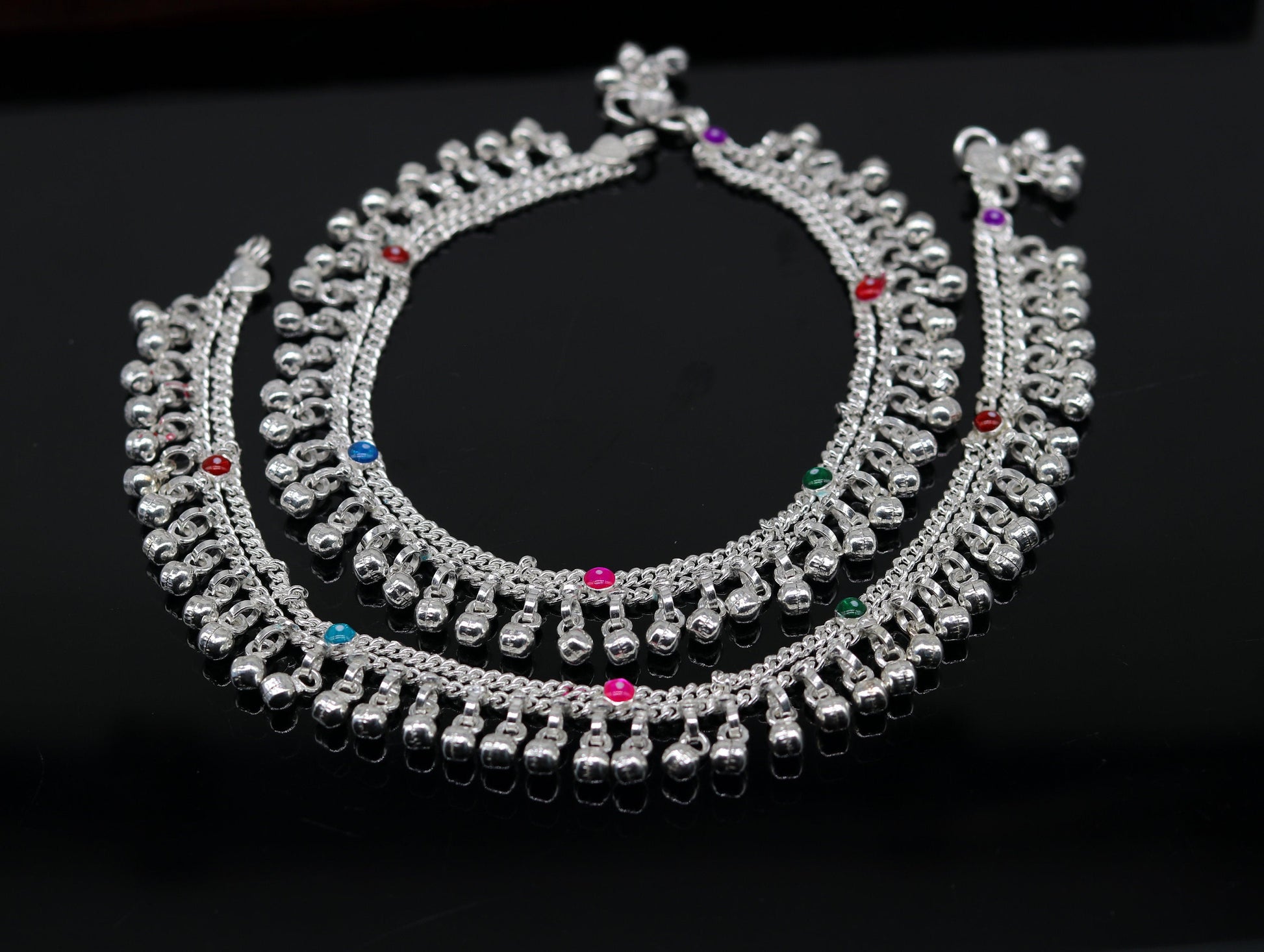 Sterling silver 10.5-inch double chain anklets with jingling charms, tribal design, ideal for belly dance and traditional Indian jewelry.