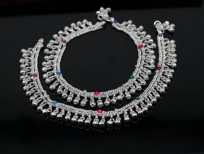 Sterling silver 10.5-inch double chain anklets with jingling charms, tribal design, ideal for belly dance and traditional Indian jewelry.