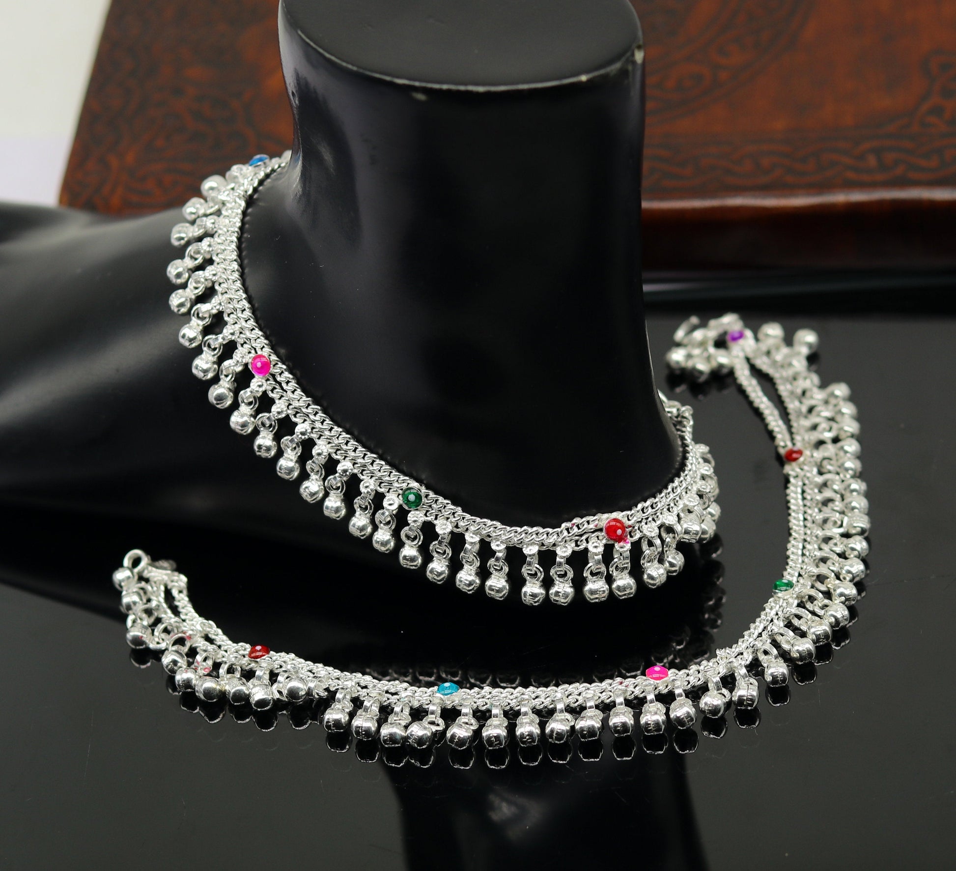 Sterling silver double chain anklet with jingling charms, tribal design, customizable, ideal for belly dance and Indian footwear accessories.