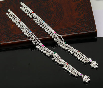 Sterling silver double chain anklet with charms, jingling bells, perfect for belly dance, feet jewelry, and boho style.
