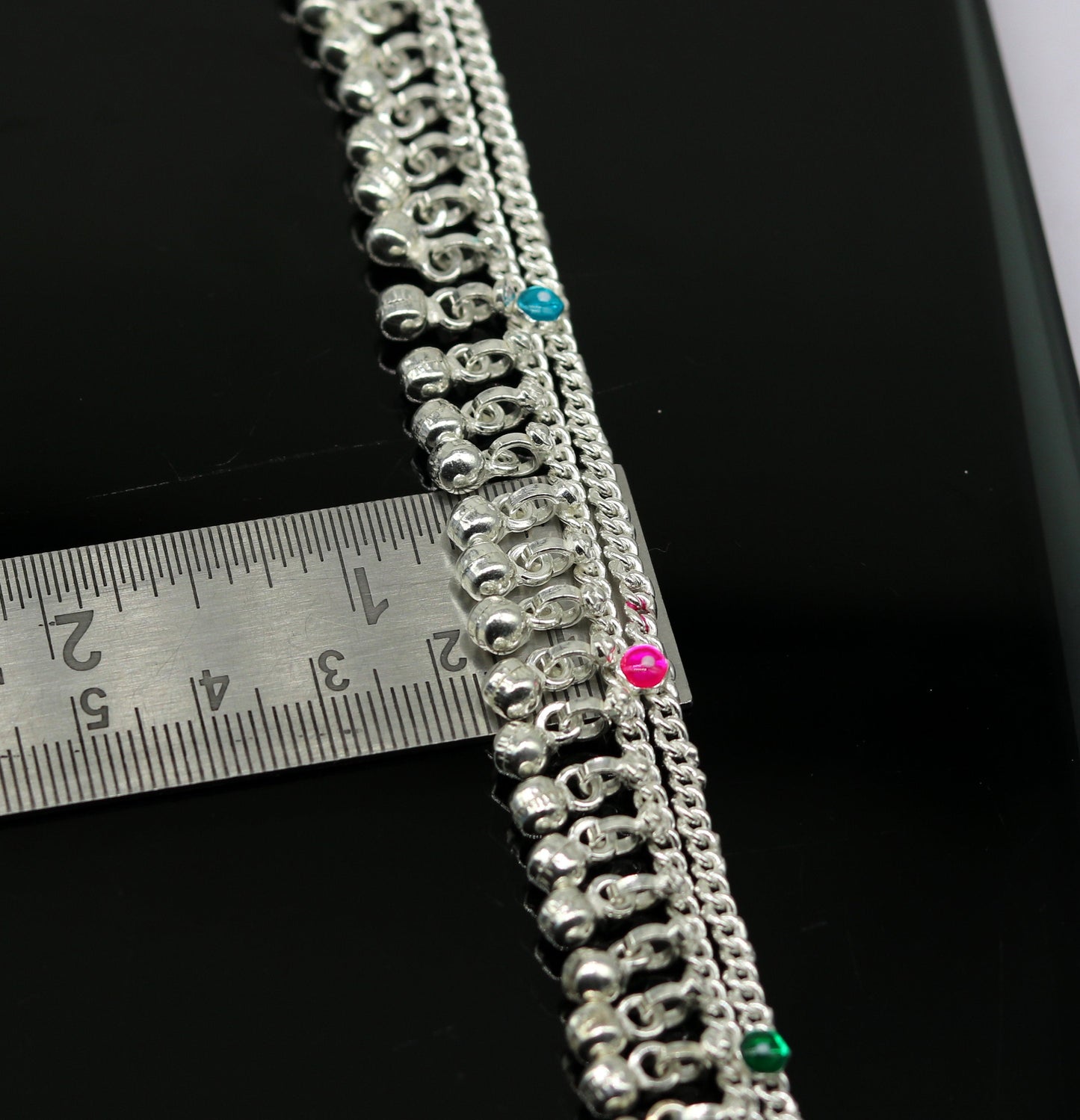 Sterling silver double chain anklet bracelet with jingling charms, tribal design, perfect for belly dance or stylish foot jewelry.