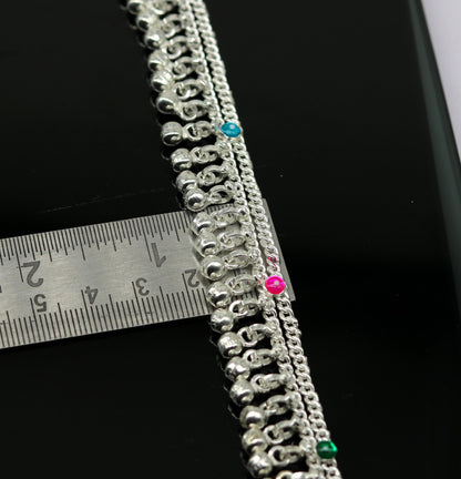 Sterling silver double chain anklet bracelet with jingling charms, tribal design, perfect for belly dance or stylish foot jewelry.