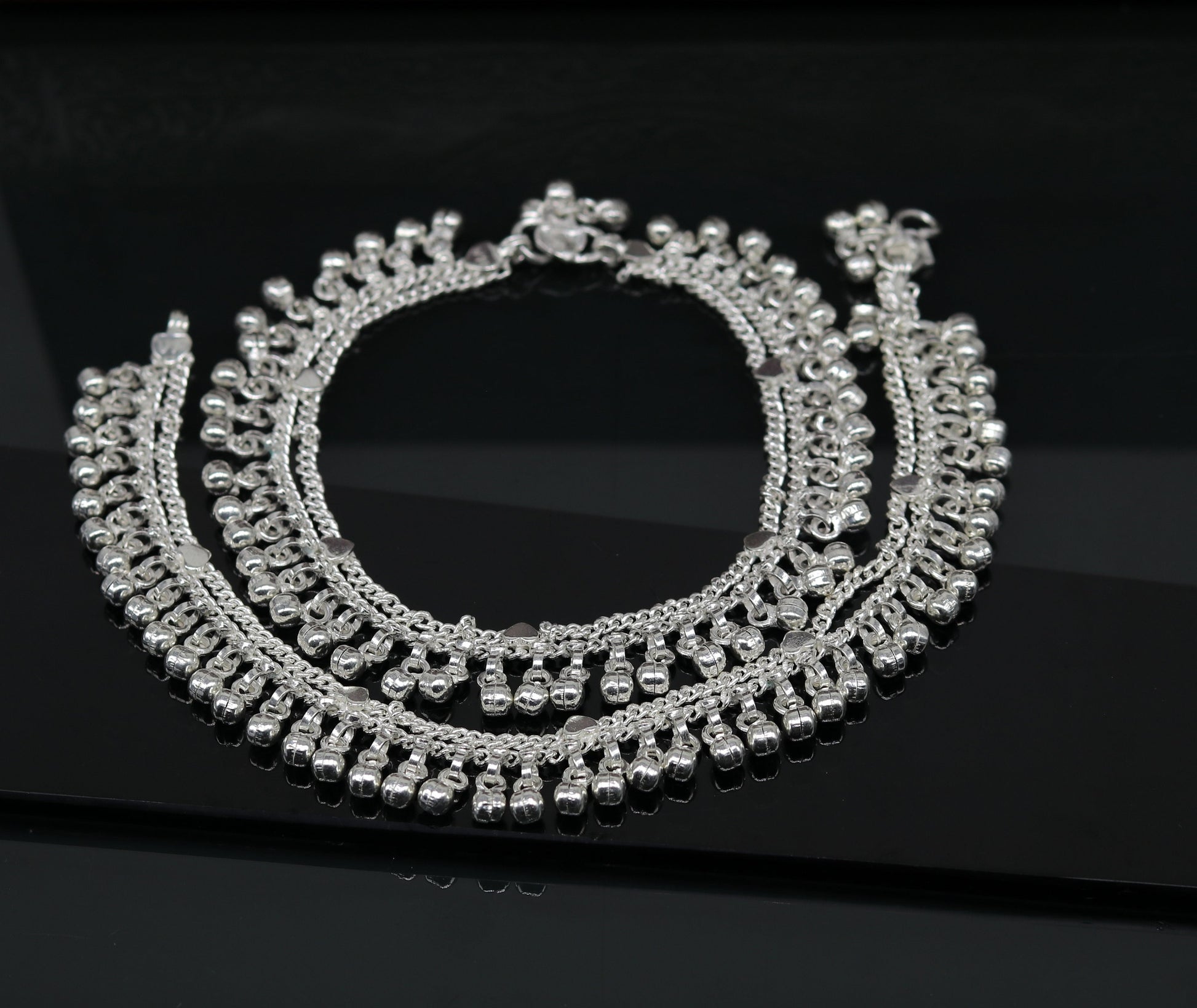 10.5" Sterling silver customized double chain anklets bracelet, waved jingle bells ankles feet bracelet charm belly dance jewelry ank262 - TRIBAL ORNAMENTS