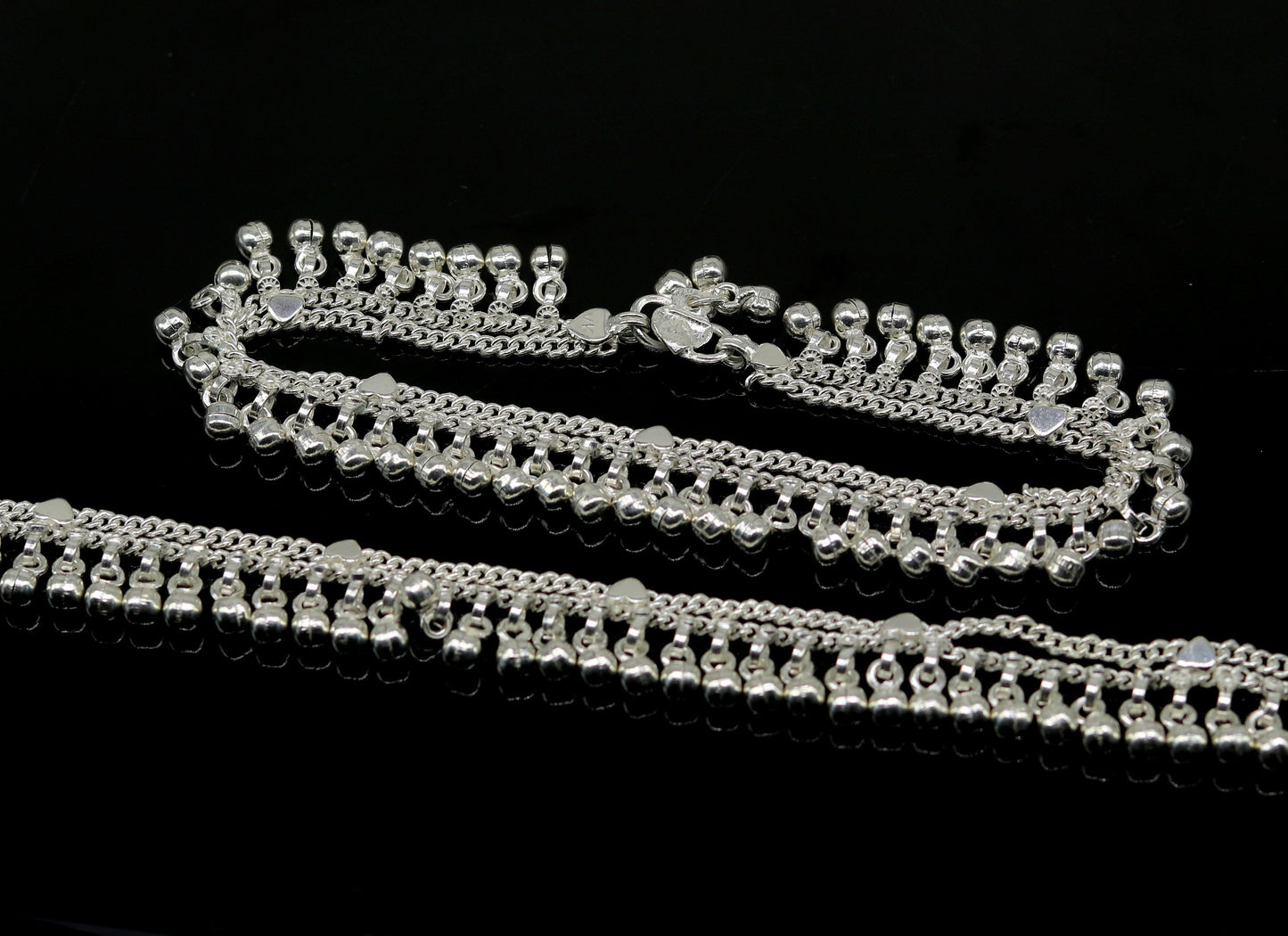 10.5" Sterling silver customized double chain anklets bracelet, waved jingle bells ankles feet bracelet charm belly dance jewelry ank262 - TRIBAL ORNAMENTS