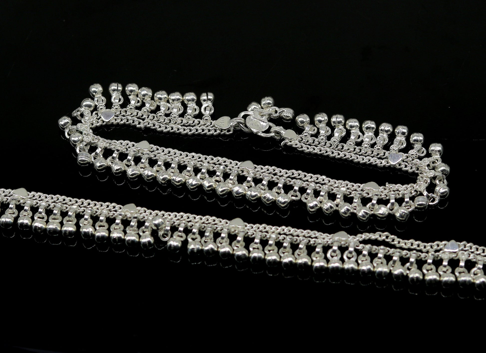 10.5" Sterling silver customized double chain anklets bracelet, waved jingle bells ankles feet bracelet charm belly dance jewelry ank262 - TRIBAL ORNAMENTS