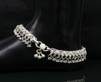 Sterling silver ankle bracelet with vintage tribal design, customized solid construction, perfect for belly dance jewelry.