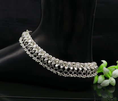 10.5-inch sterling silver ankle bracelet with tribal-inspired vintage design, customized solid craftsmanship, ideal for belly dance jewelry.
