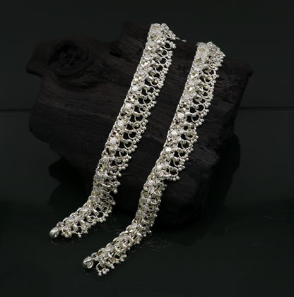 10.5-inch sterling silver ankle bracelet with vintage tribal design, customized solid jewelry for belly dance and boho style.