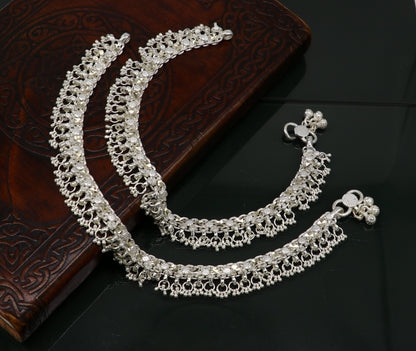 Sterling silver 10.5-inch ankle bracelet with vintage tribal design, customized details, suitable for belly dance jewelry.