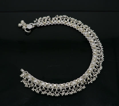 Sterling silver 10.5-inch ankle bracelet with vintage tribal design, customized details, ideal for belly dance jewelry.