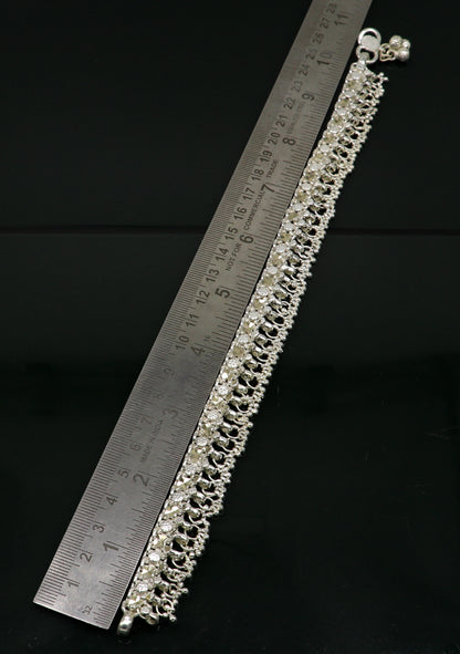 Sterling silver 10.5-inch ankle bracelet with vintage tribal design, customized solid craftsmanship, perfect for belly dance jewelry.
