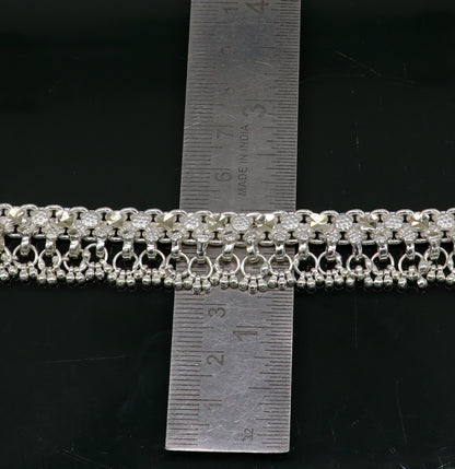 10.5-inch sterling silver ankle bracelet with vintage tribal design, customized solid pattern, ideal for belly dance jewelry.
