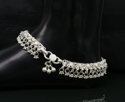 Sterling silver 10.5-inch ankle bracelet with vintage tribal design, customized details, suitable for belly dance jewelry.