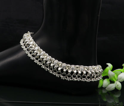 Sterling silver 10.5-inch ankle bracelet with vintage tribal design, customized pattern, perfect for belly dance jewelry.