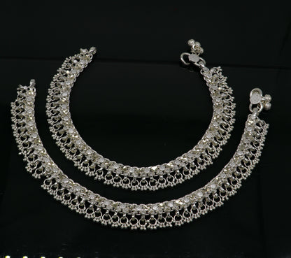 Sterling silver 10.5-inch ankle bracelet with vintage tribal design, customized pattern, suitable for belly dance jewelry.