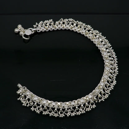Sterling silver 10.5-inch tribal ankle bracelet with vintage antique design, customized details, perfect for belly dance jewelry.