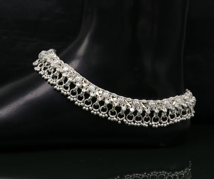 Sterling silver 10.5-inch ankle bracelet with vintage tribal design, customized solid foot anklet for belly dance jewelry.