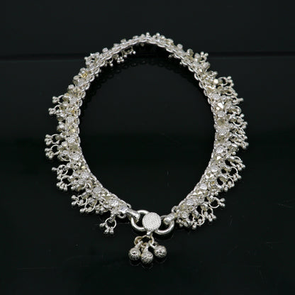 Sterling silver 10.5-inch tribal anklet with vintage antique design, customized details, perfect for belly dance or boho style jewelry.