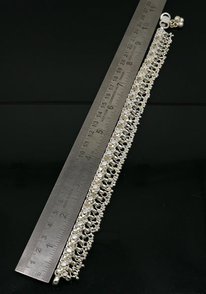 Sterling silver 10.5-inch customized tribal ankle bracelet with vintage antique design, suitable for belly dance jewelry.