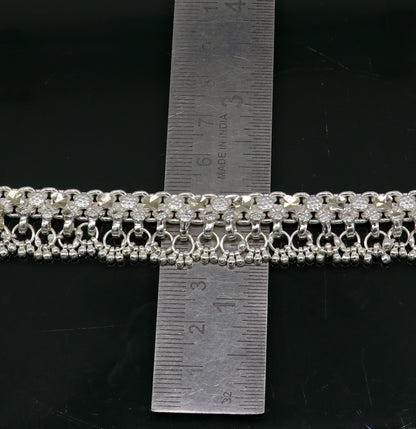 Sterling silver 10.5-inch tribal ankle bracelet with vintage antique design, custom details, perfect for belly dance jewelry.