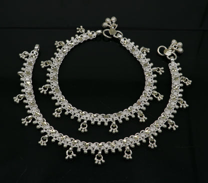 Sterling silver 10.5-inch customized designer anklet bracelet with tribal, vintage, and belly dance-inspired details by TRIBAL ORNAMENTS.