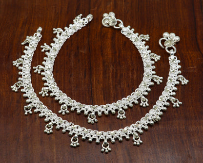 Sterling silver customized anklet bracelet by Tribal Ornaments featuring vintage tribal design for foot, belly dance, or wedding jewelry.