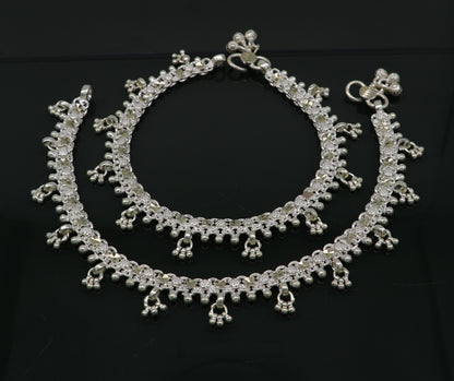 Sterling silver 10.5-inch customized tribal anklet bracelet with vintage tribal design, suitable for belly dance or wedding jewelry.