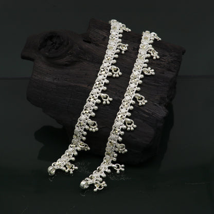 Sterling silver 10.5-inch customized tribal anklet bracelet with vintage design, suitable for belly dance or wedding jewelry.