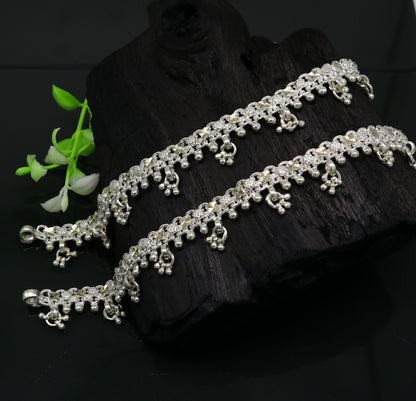 Sterling silver 10.5-inch custom designer anklet bracelet with tribal vintage style, perfect for belly dance or wedding jewelry.
