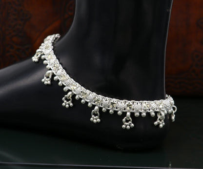 Sterling silver 10.5-inch designer anklet bracelet with tribal and vintage detailing, perfect for belly dance or wedding jewelry.