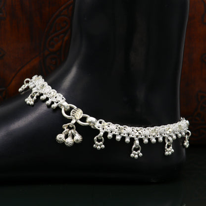 Sterling silver 10.5" customized tribal anklet bracelet with vintage design, ideal for belly dance or wedding jewelry.