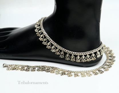 Vintage 10.5-inch sterling silver anklet with handmade tribal charms, ethnic tribal jewelry, used antique ankle bracelet.