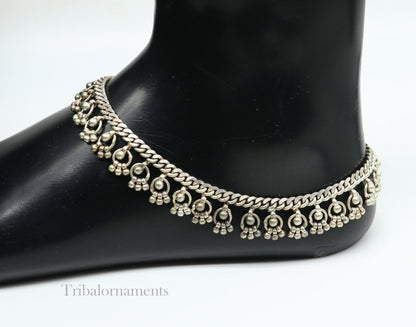 Vintage 10.5-inch sterling silver ankle bracelet with tribal charms, handcrafted ethnic tribal jewelry by TRIBAL ORNAMENTS.